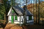 Hütte im Schattenspiel der Herbstbäume